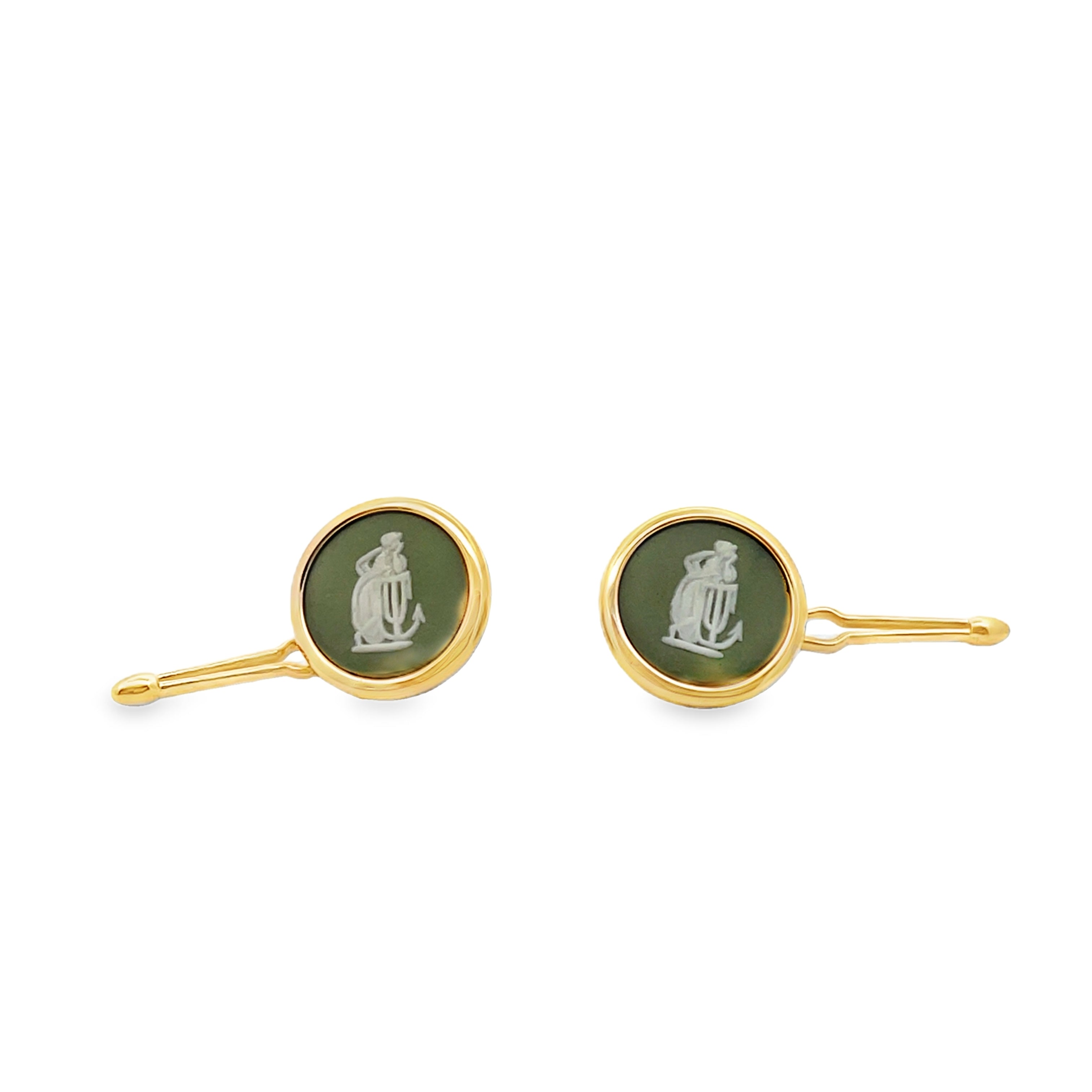 Hope and Anchor Vintage Wedgwood Tuxedo Studs in New 14k Yellow Gold Custom Settings, Green Jasper and White
