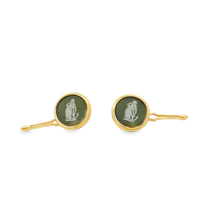 Hope and Anchor Vintage Wedgwood Tuxedo Studs in New 14k Yellow Gold Custom Settings, Green Jasper and White