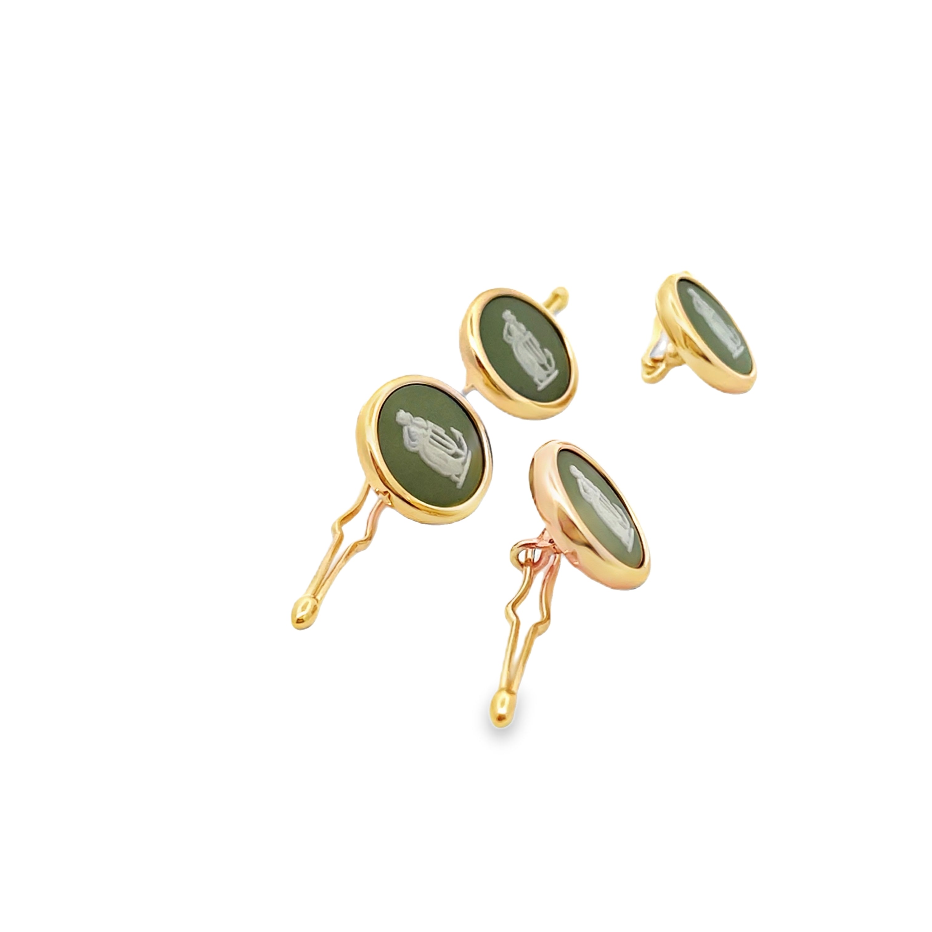 Hope and Anchor Vintage Wedgwood Tuxedo Studs in New 14k Yellow Gold Custom Settings, Green Jasper and White