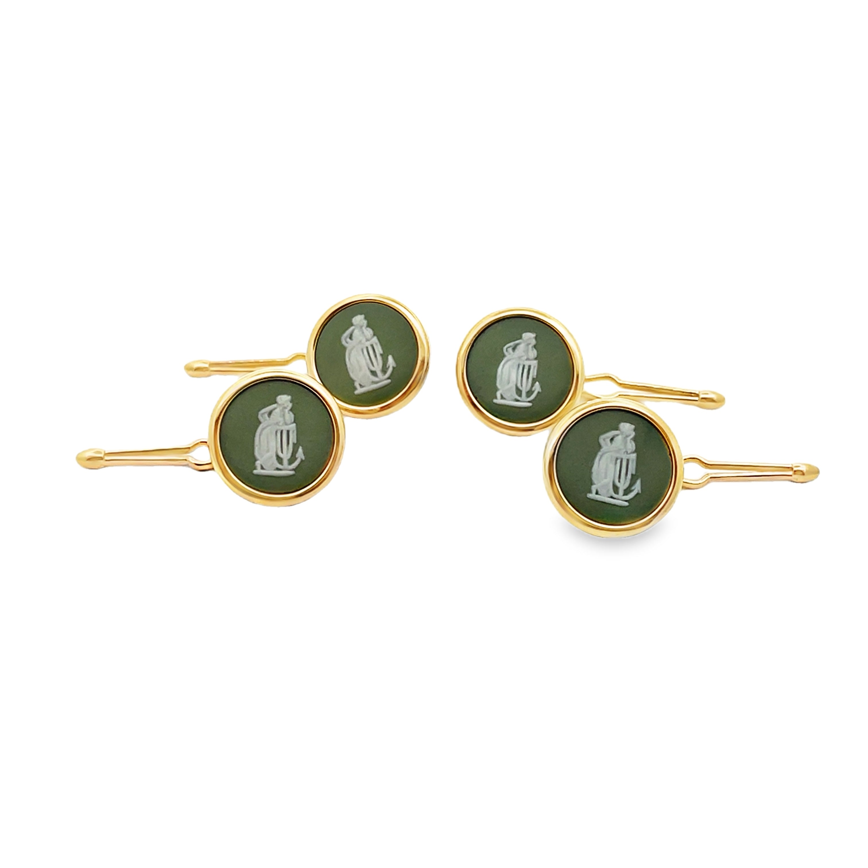 Hope and Anchor Vintage Wedgwood Tuxedo Studs in New 14k Yellow Gold Custom Settings, Green Jasper and White