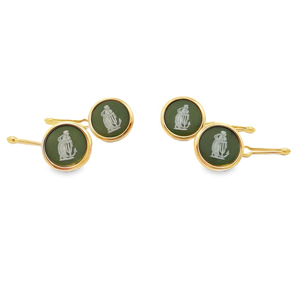 Hope and Anchor Vintage Wedgwood Tuxedo Studs in New 14k Yellow Gold Custom Settings, Green Jasper and White