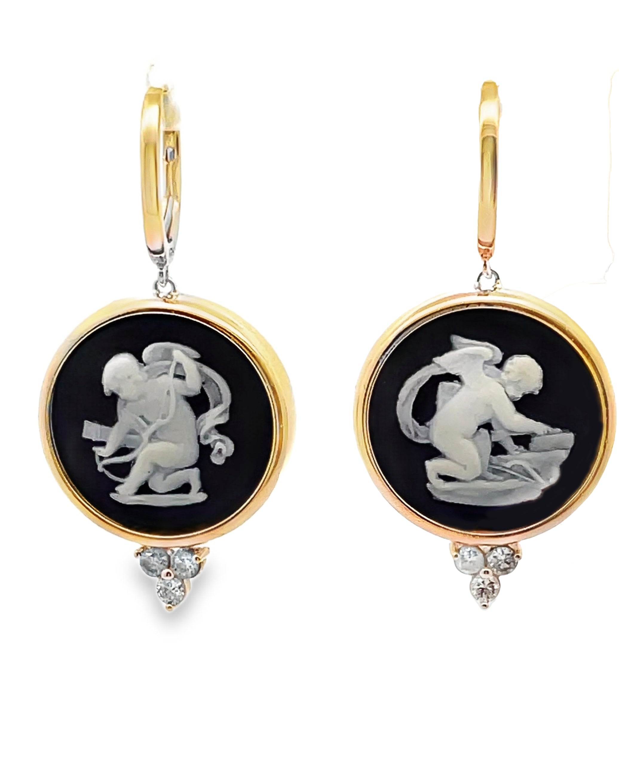 Cherub Drop Earrings in 14K Yellow Gold with Two Round Vintage Wedgewood Jasperware in White and Basalt Black