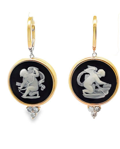 Cherub Drop Earrings in 14K Yellow Gold with Two Round Vintage Wedgewood Jasperware in White and Basalt Black