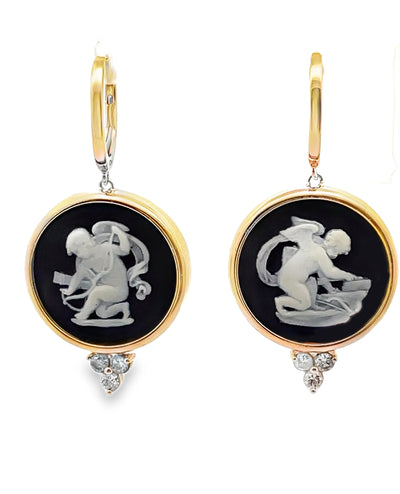 Cherub Drop Earrings in 14K Yellow Gold with Two Round Vintage Wedgwood Jasperware in White and Basalt Black