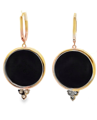 Cherub Drop Earrings in 14K Yellow Gold with Two Round Vintage Wedgwood Jasperware in White and Basalt Black