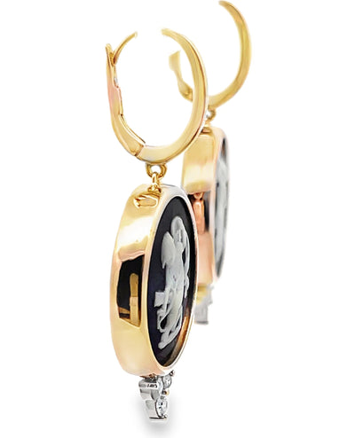 Cherub Drop Earrings in 14K Yellow Gold with Two Round Vintage Wedgwood Jasperware in White and Basalt Black