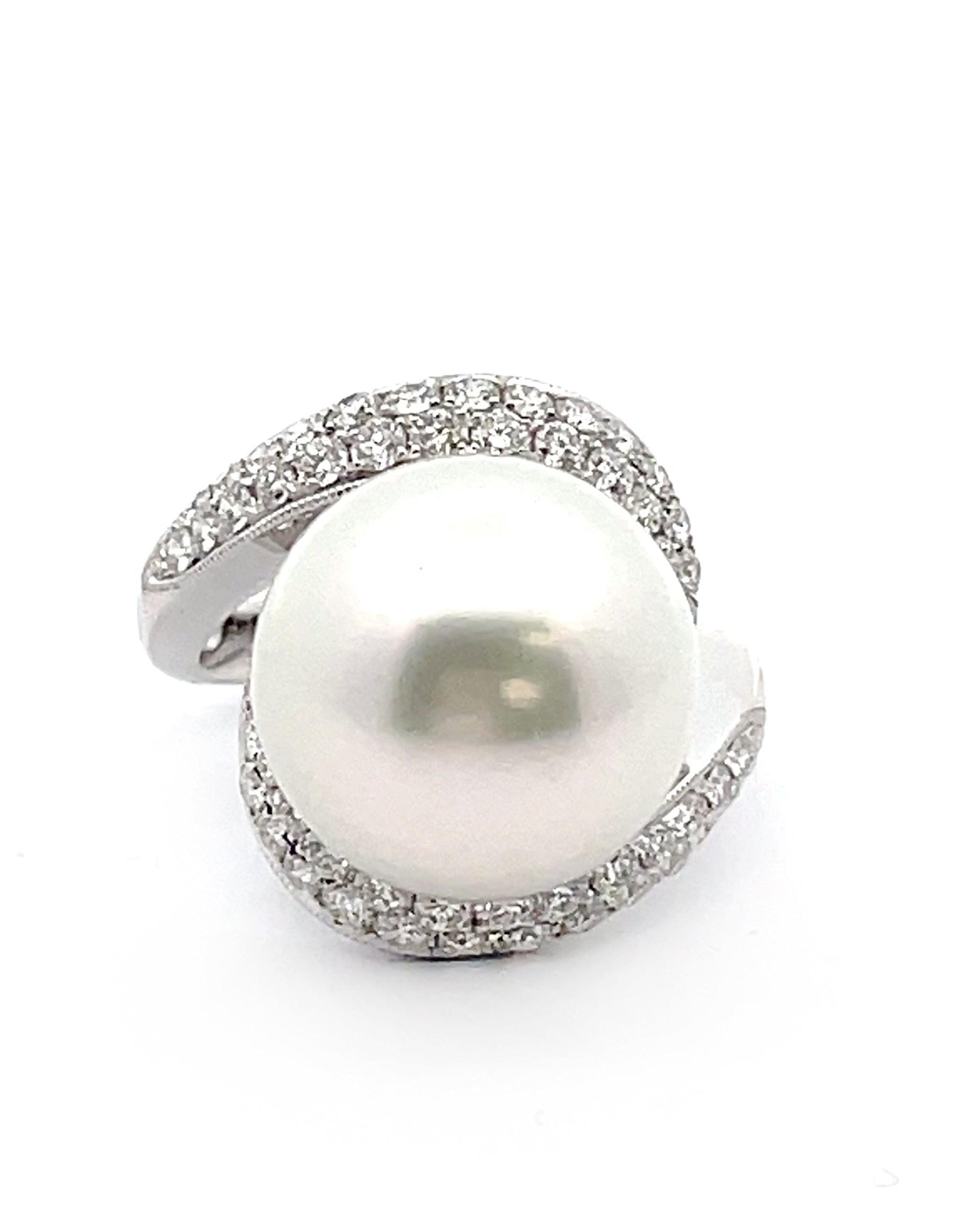 14.38 Millimeter South Sea Pearl Set in Bypass Style 18K White Gold Diamond Ring