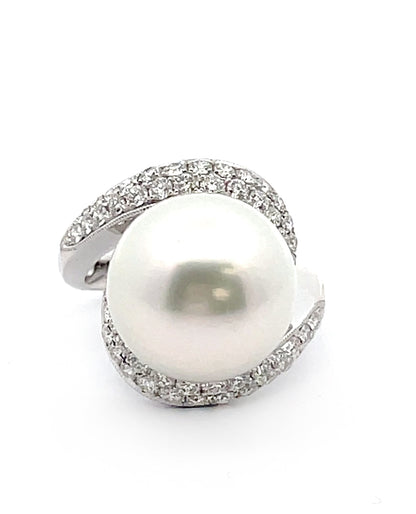 14.38 Millimeter South Sea Pearl Set in Bypass Style 18K White Gold Diamond Ring