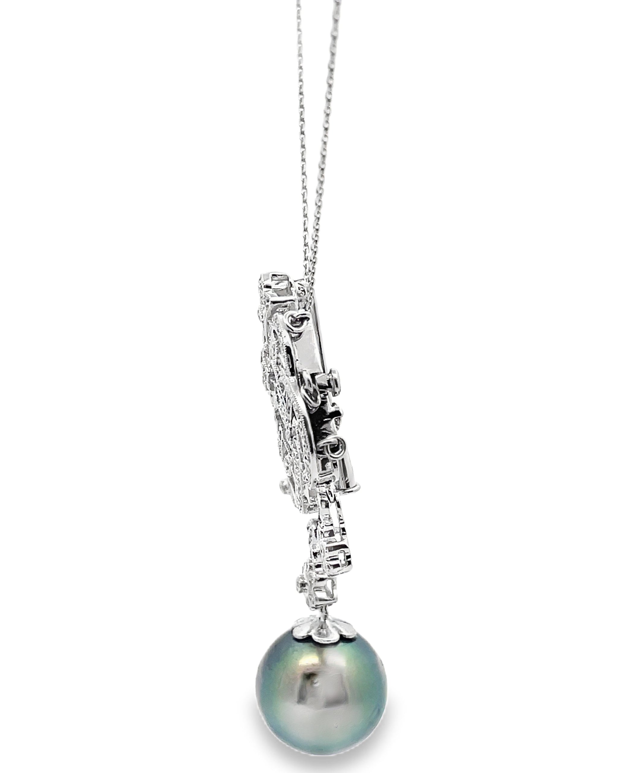 Antique Inspired Pendant Necklace, South Sea Tahitian Pearl in 18K White Gold