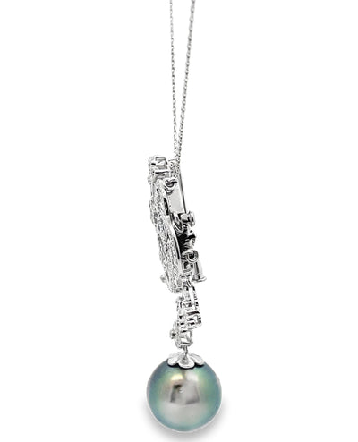 Antique Inspired Pendant Necklace, South Sea Tahitian Pearl in 18K White Gold