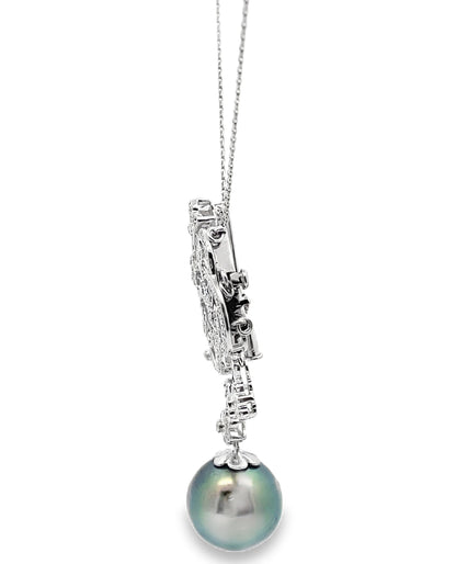 Antique Inspired Pendant Necklace, South Sea Tahitian Pearl in 18K White Gold