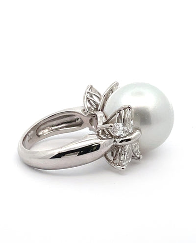 South Sea Pearl Ring with Fancy Shaped Diamonds 1.80 Carats in 18K White Gold