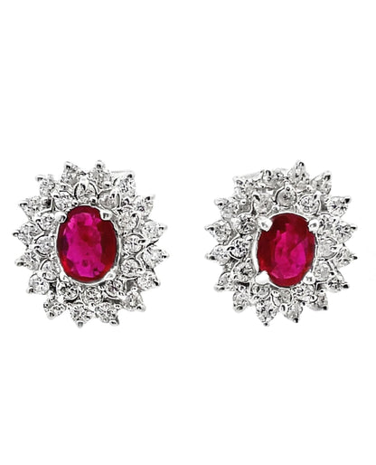 Oval Ruby Earrings with Starburst Diamonds in 18K White Gold with Omega Backs