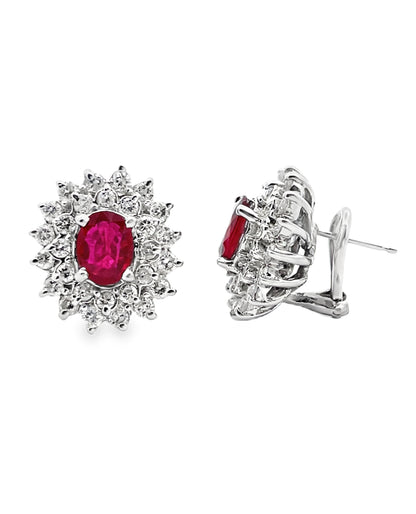 Oval Ruby Earrings with Starburst Diamonds in 18K White Gold with Omega Backs