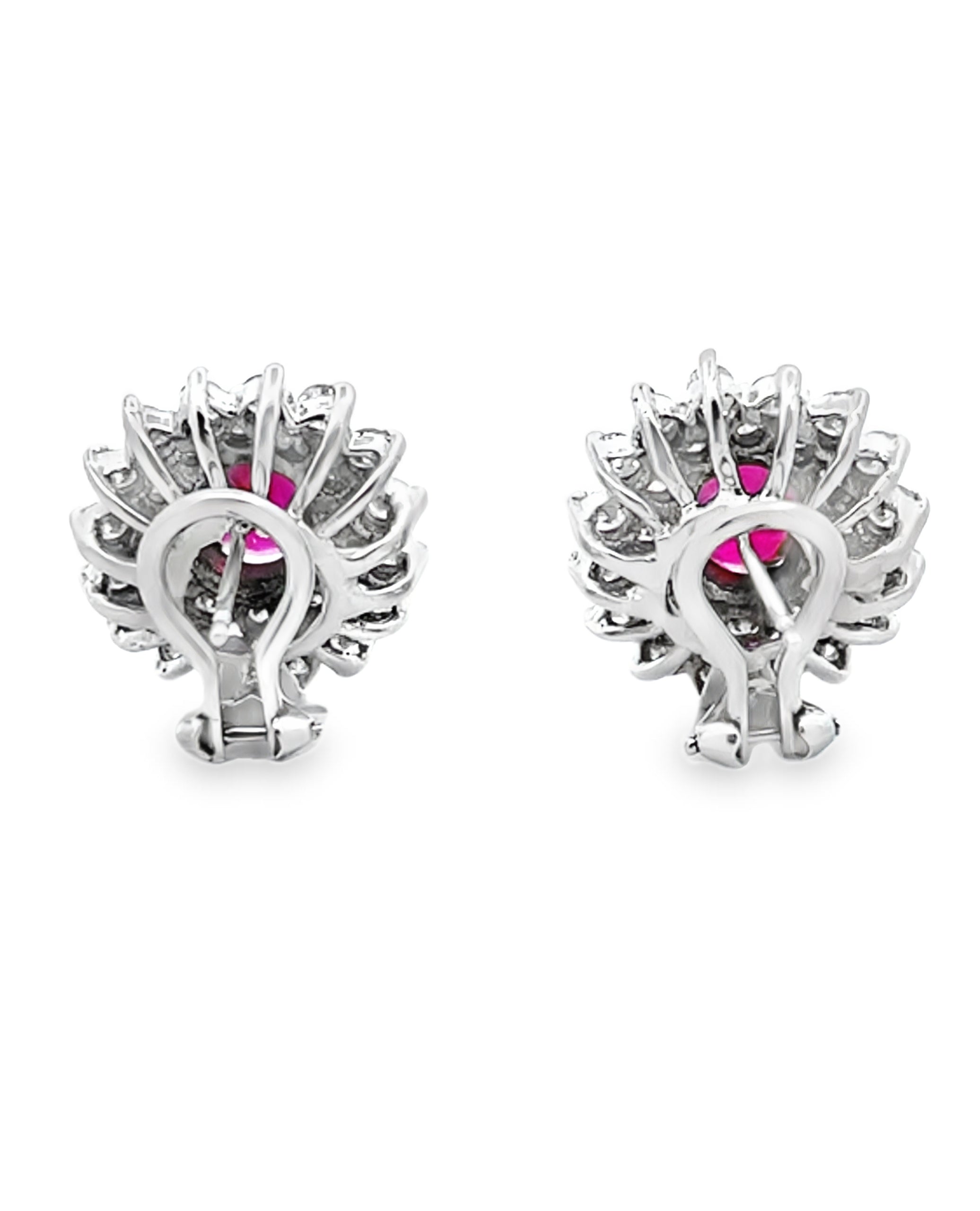Oval Ruby Earrings with Starburst Diamonds in 18K White Gold with Omega Backs