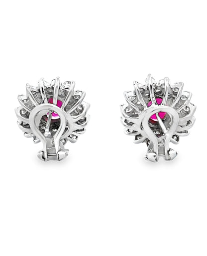 Oval Ruby Earrings with Starburst Diamonds in 18K White Gold with Omega Backs