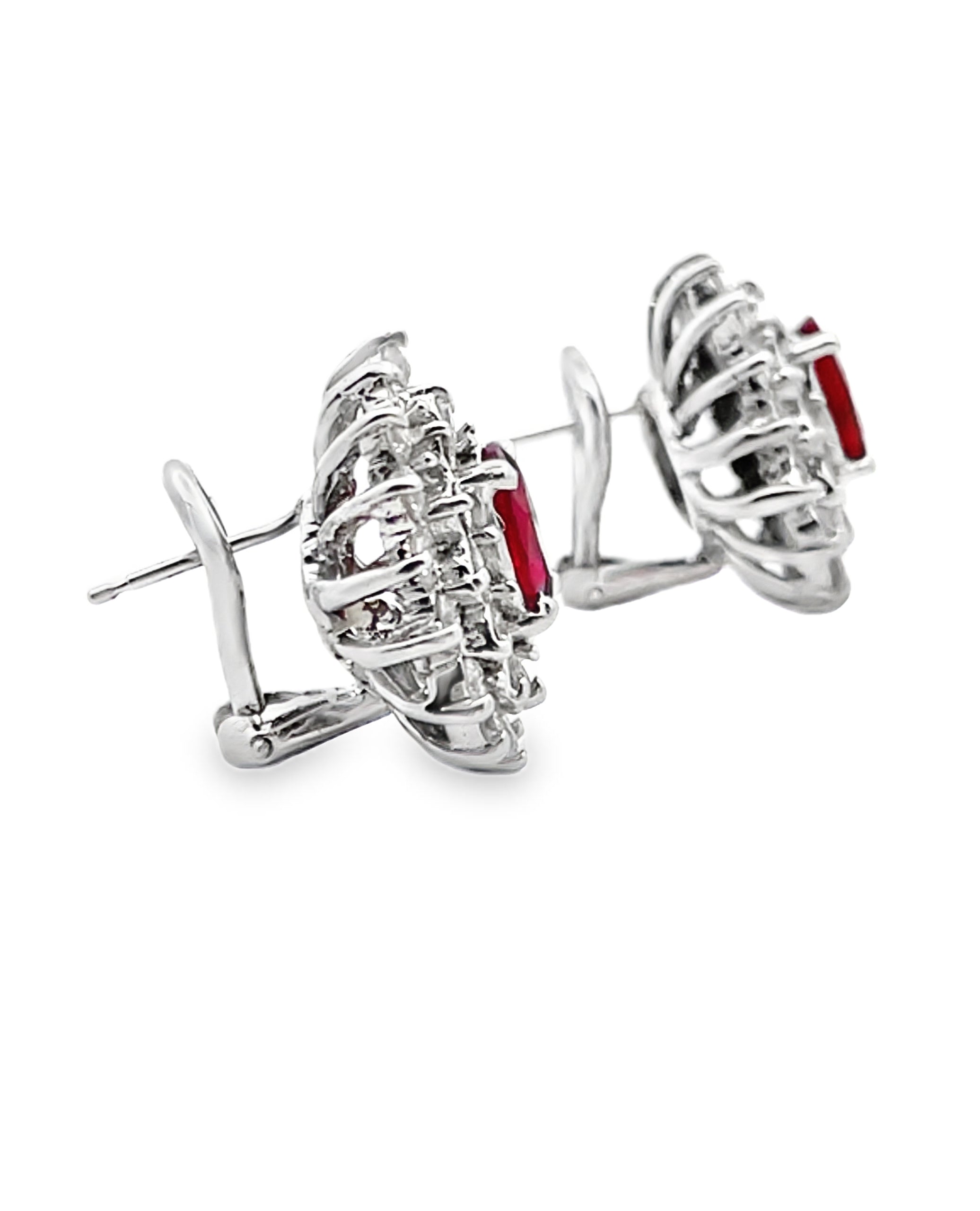 Oval Ruby Earrings with Starburst Diamonds in 18K White Gold with Omega Backs