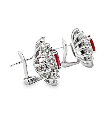 Oval Ruby Earrings with Starburst Diamonds in 18K White Gold with Omega Backs