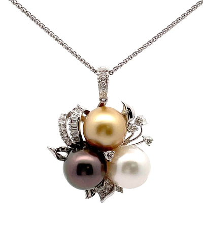 Tri Color Pearl and Diamond Pendant Necklace in 18K White Gold