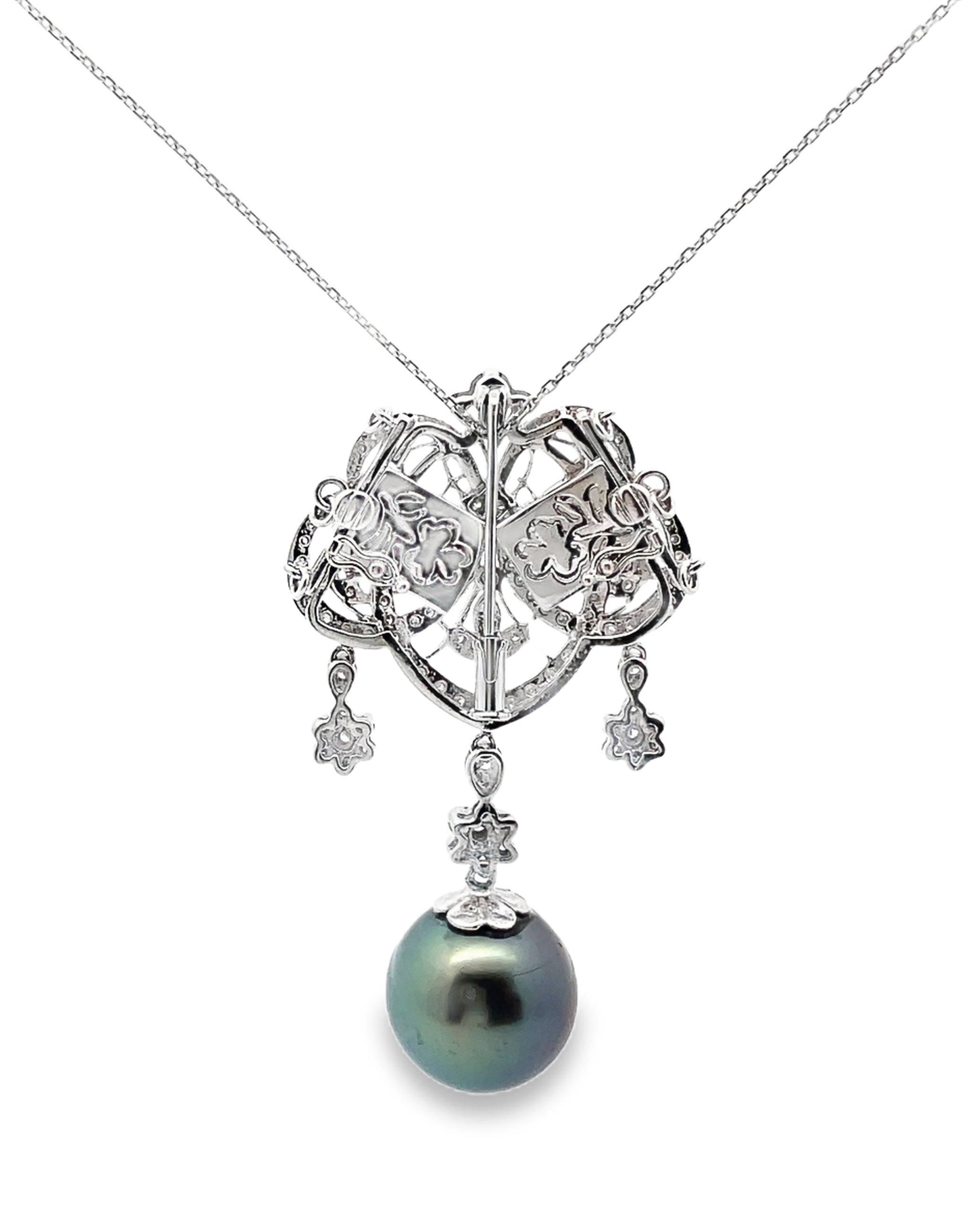 Antique Inspired Pendant Necklace, South Sea Tahitian Pearl in 18K White Gold