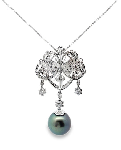 Antique Inspired Pendant Necklace, South Sea Tahitian Pearl in 18K White Gold