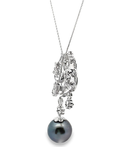 Antique Inspired Pendant Necklace, South Sea Tahitian Pearl in 18K White Gold