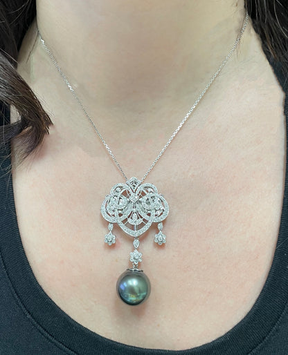 Antique Inspired Pendant Necklace, South Sea Tahitian Pearl in 18K White Gold