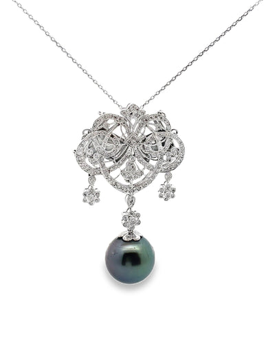 Antique Inspired Pendant Necklace, South Sea Tahitian Pearl in 18K White Gold