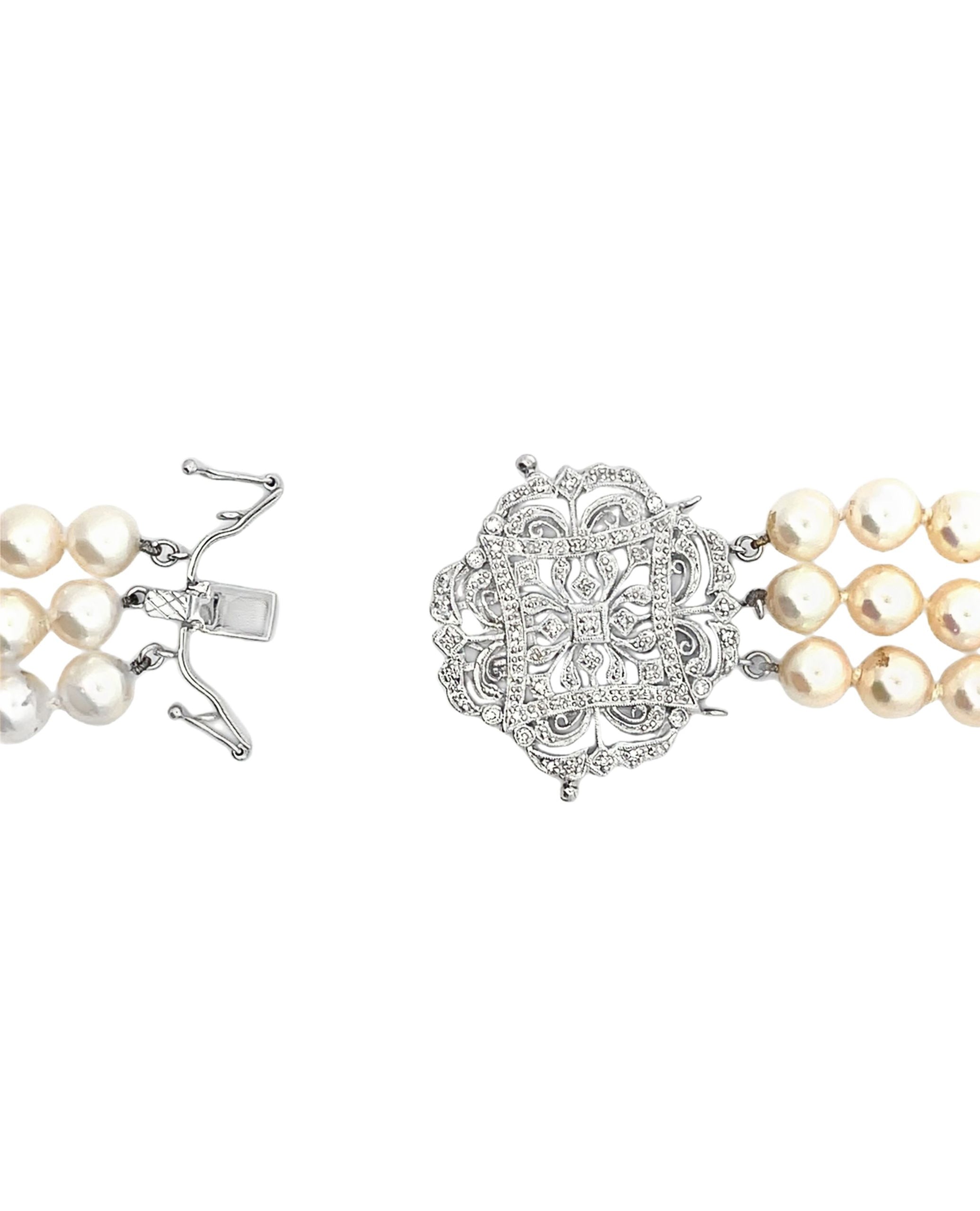 Three Strand Culture Pearl Necklace with 14K White Gold Antique Inspired Clasp
