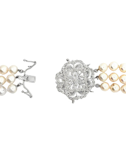 Three Strand Culture Pearl Necklace with 14K White Gold Antique Inspired Clasp