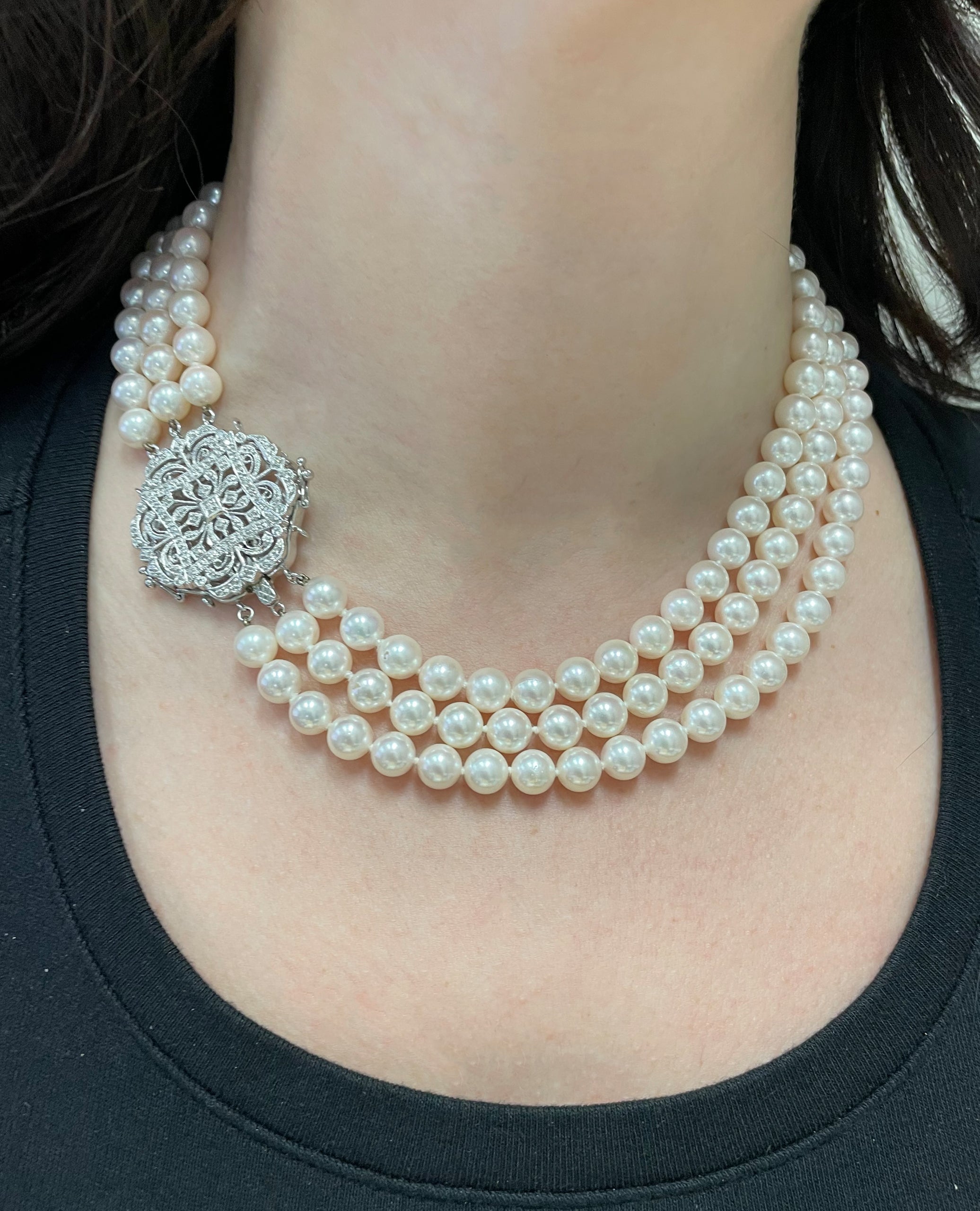 Three Strand Culture Pearl Necklace with 14K White Gold Antique Inspired Clasp