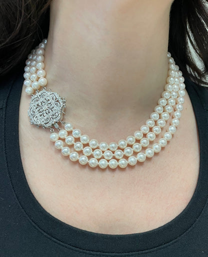 Three Strand Culture Pearl Necklace with 14K White Gold Antique Inspired Clasp