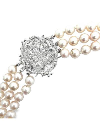 Three Strand Culture Pearl Necklace with 14K White Gold Antique Inspired Clasp