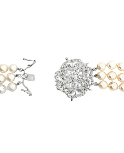 Three Strand Culture Pearl Necklace with 14K White Gold Antique Inspired Clasp
