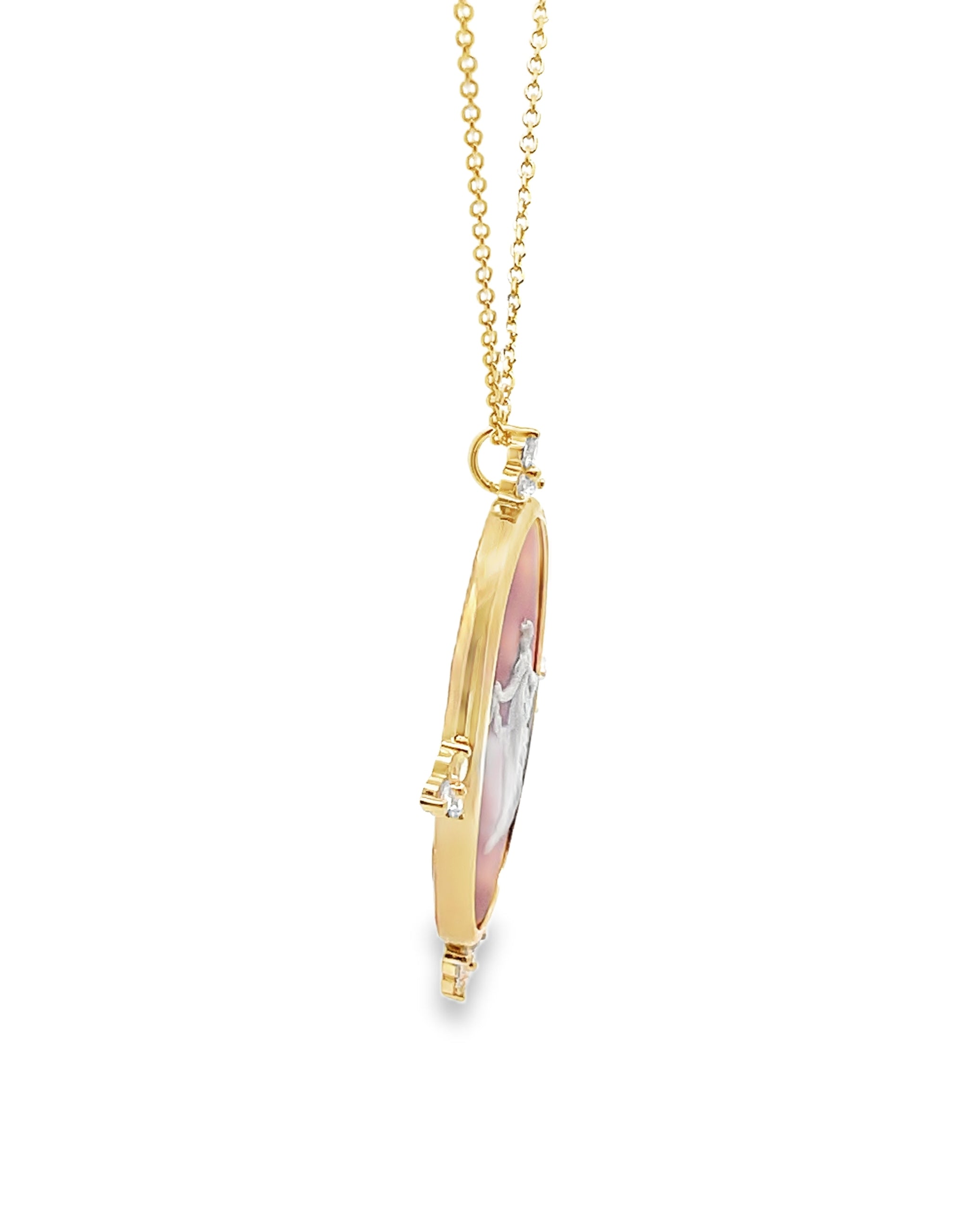 Dancing Hour Vintage Wedgwood Necklace in New 14K Yellow Gold Custom Bezel Setting with Diamonds, Rosé Pink