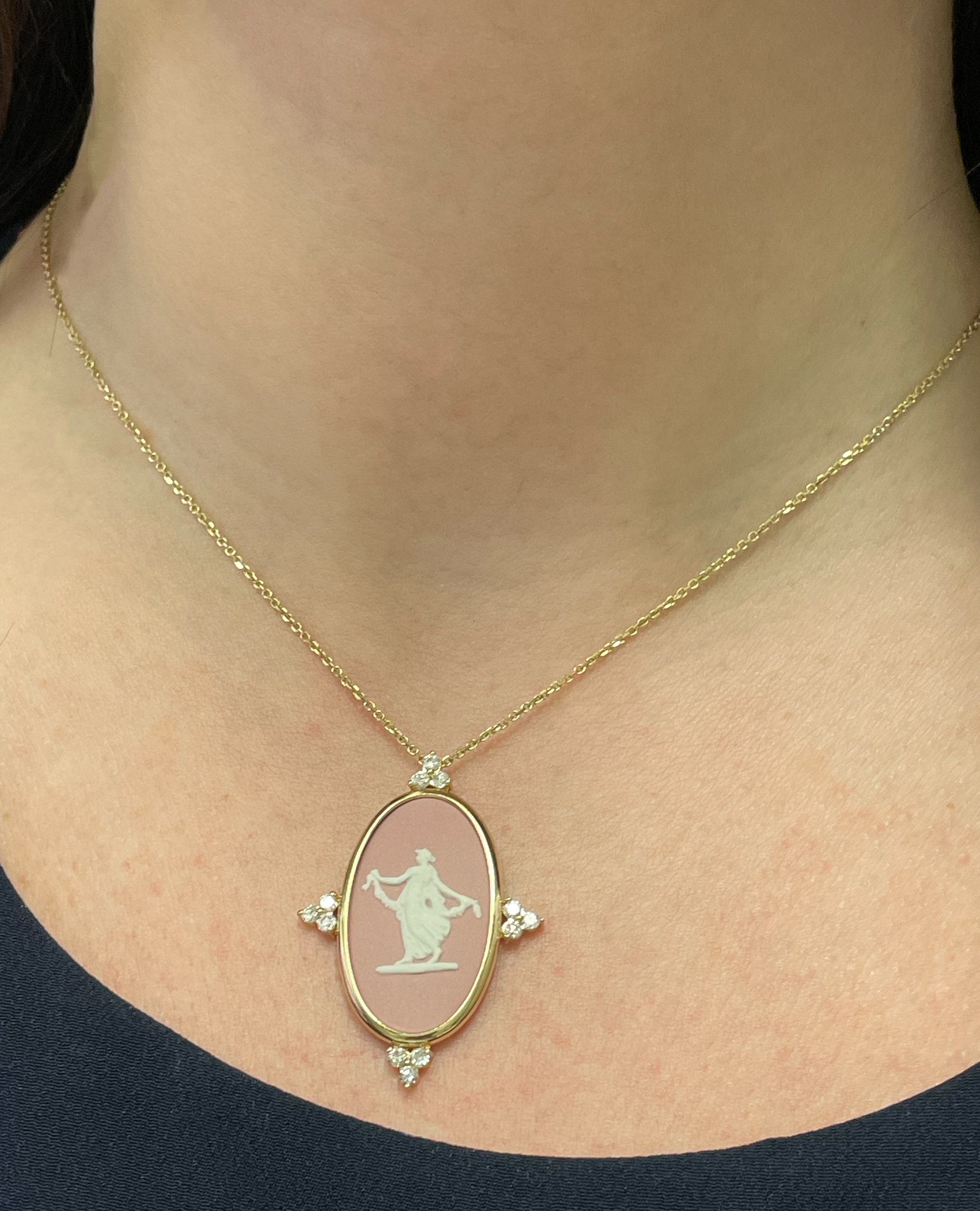 Hour of Joy 14K Yellow Gold Pendant Necklace with Custom Bezel Set Oval Rosé Pink Wedgwood Jasperware and Diamonds