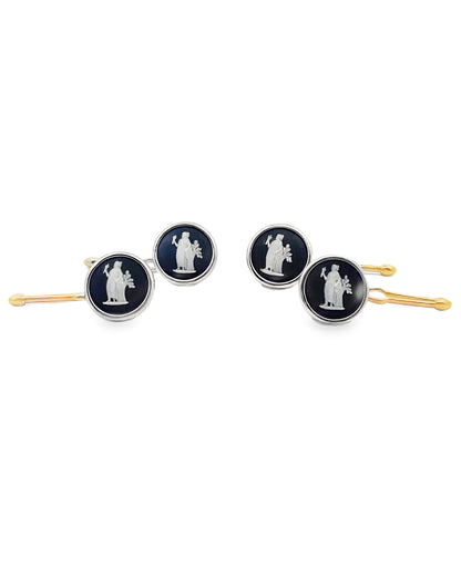 Demeter Goddess of Prosperity Vintage Wedgwood Tuxedo Stud Buttons in New 14K Yellow and White Gold Custom Settings, Black Basalt and White