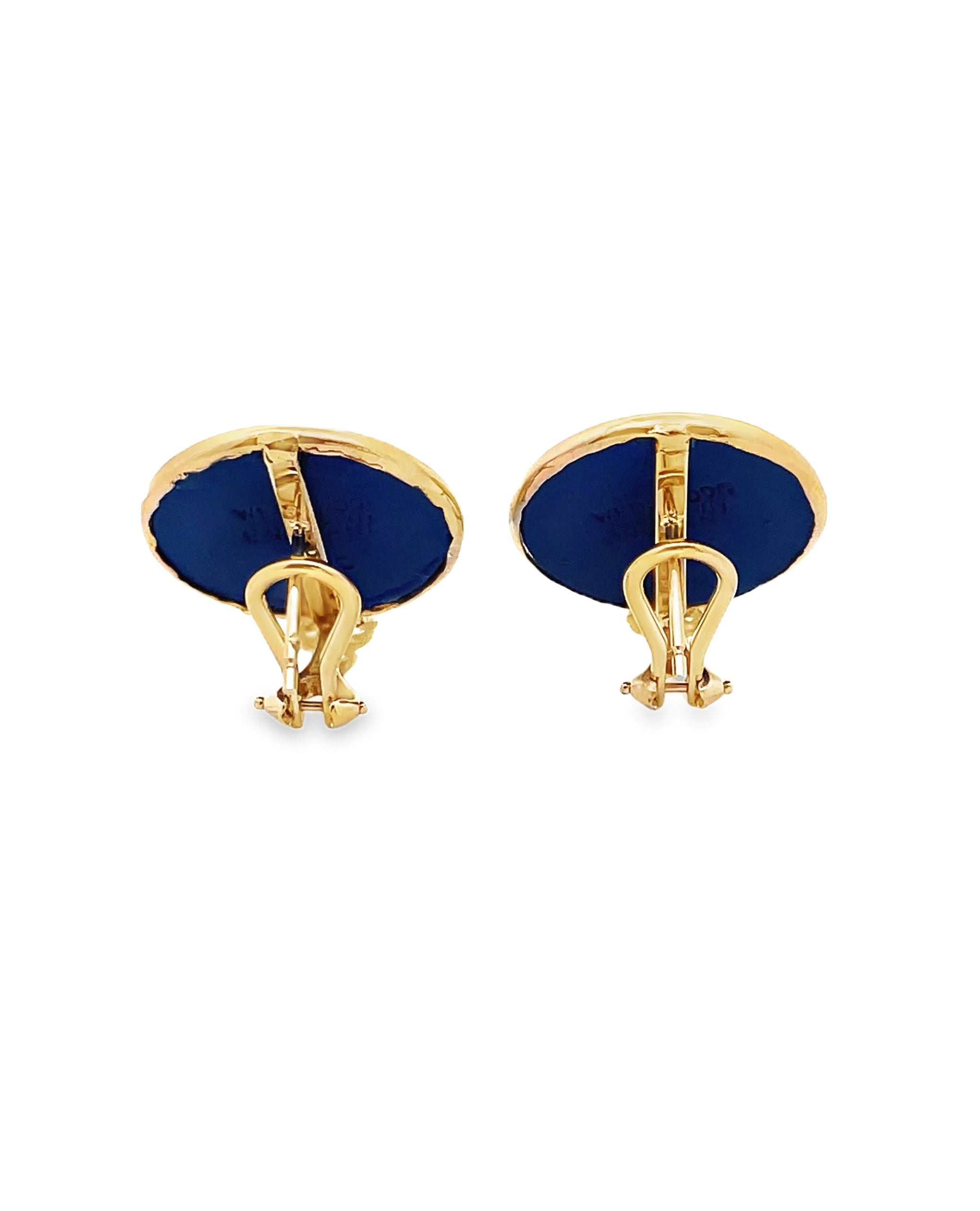 Lion Passant 14K Yellow Gold Medallion Earrings with Custom Bezel Set Blue Wedgwood Jasperware and Diamonds