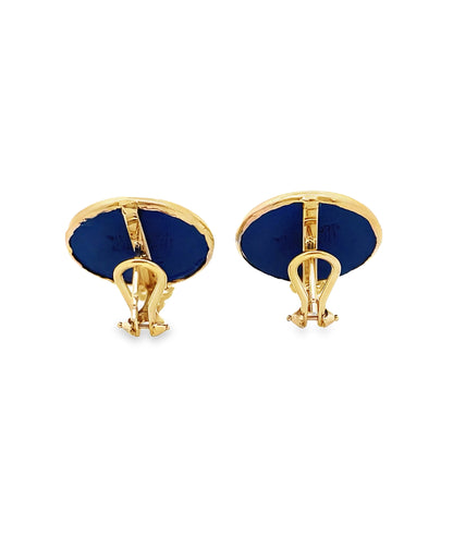 Lion Passant 14K Yellow Gold Medallion Earrings with Custom Bezel Set Blue Wedgwood Jasperware and Diamonds