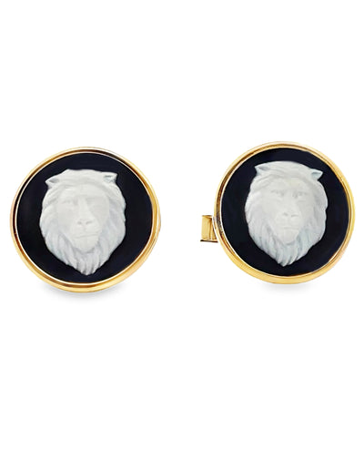 Vintage Black Wedgwood Lion Head Medallion Cufflinks Bezel Set 14K Yellow Gold