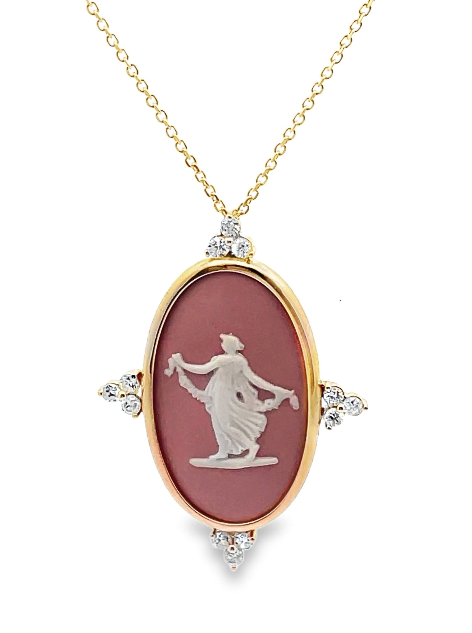 Dancing Hours Vintage Wedgwood Necklace in New 14K Yellow Gold Custom Bezel Setting with Diamonds, Rosé Pink