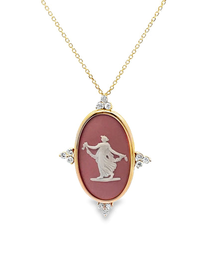 Dancing Hours Vintage Wedgwood Necklace in New 14K Yellow Gold Custom Bezel Setting with Diamonds, Rosé Pink