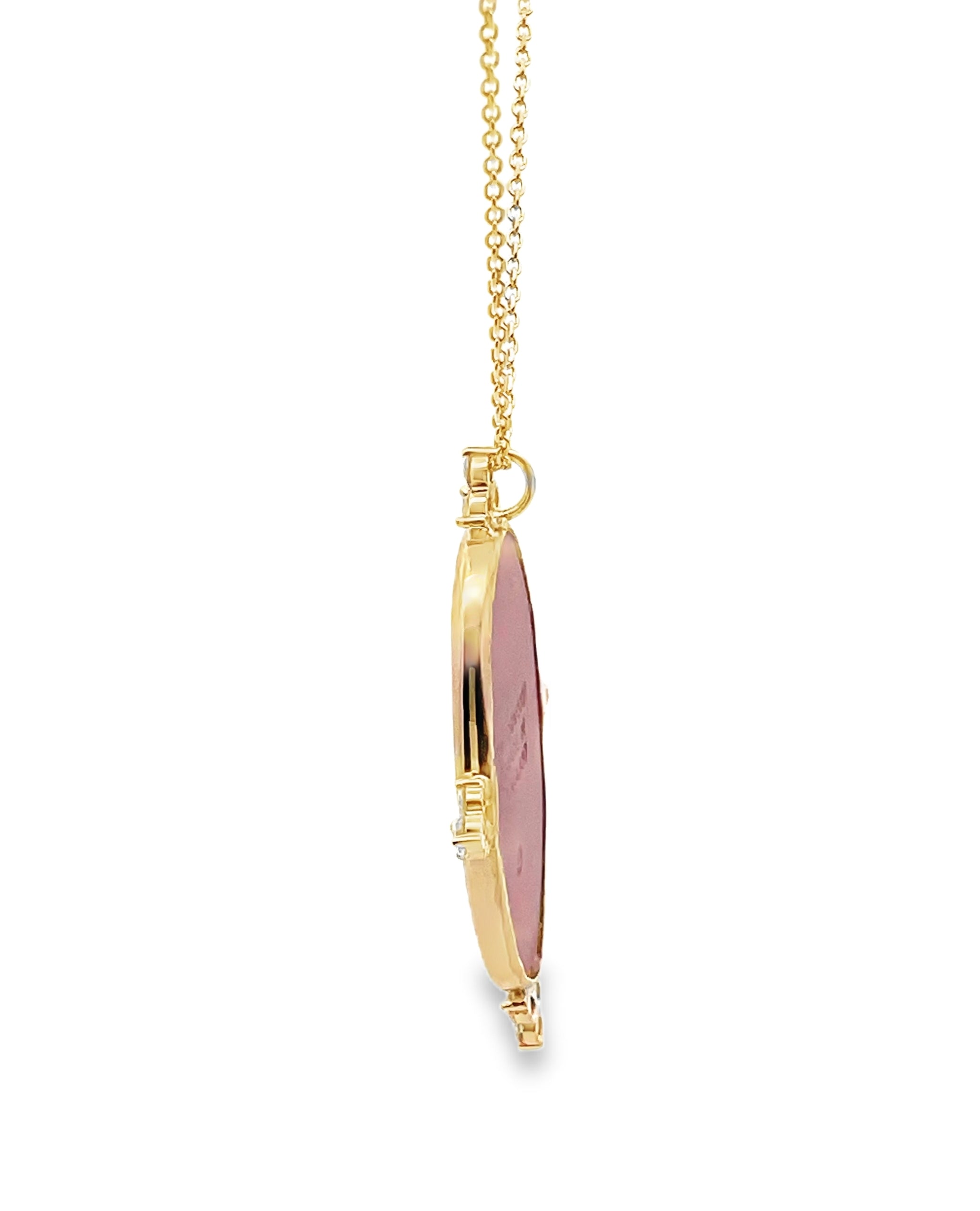 Hour of Joy 14K Yellow Gold Pendant Necklace with Custom Bezel Set Oval Rosé Pink Wedgwood Jasperware and Diamonds