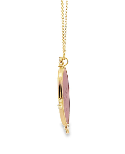 Hour of Joy 14K Yellow Gold Pendant Necklace with Custom Bezel Set Oval Rosé Pink Wedgwood Jasperware and Diamonds