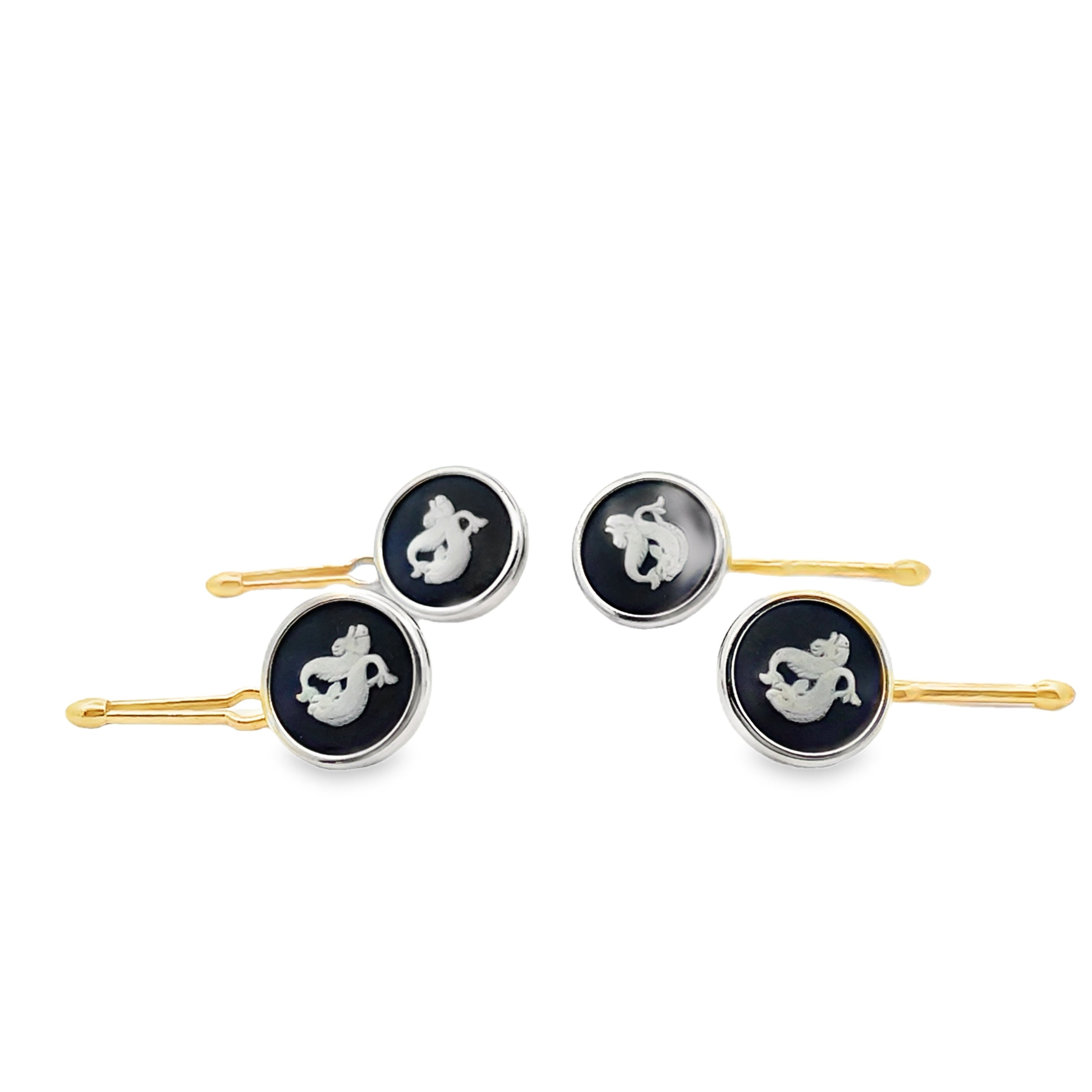 Dolphin Vintage Wedgwood Tuxedo Stud Buttons in New 14K Yellow and White Gold Settings, Black Basalt and White
