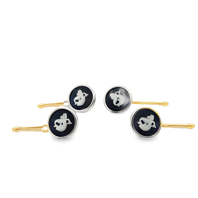 Dolphin Vintage Wedgwood Tuxedo Stud Buttons in New 14K Yellow and White Gold Settings, Black Basalt and White