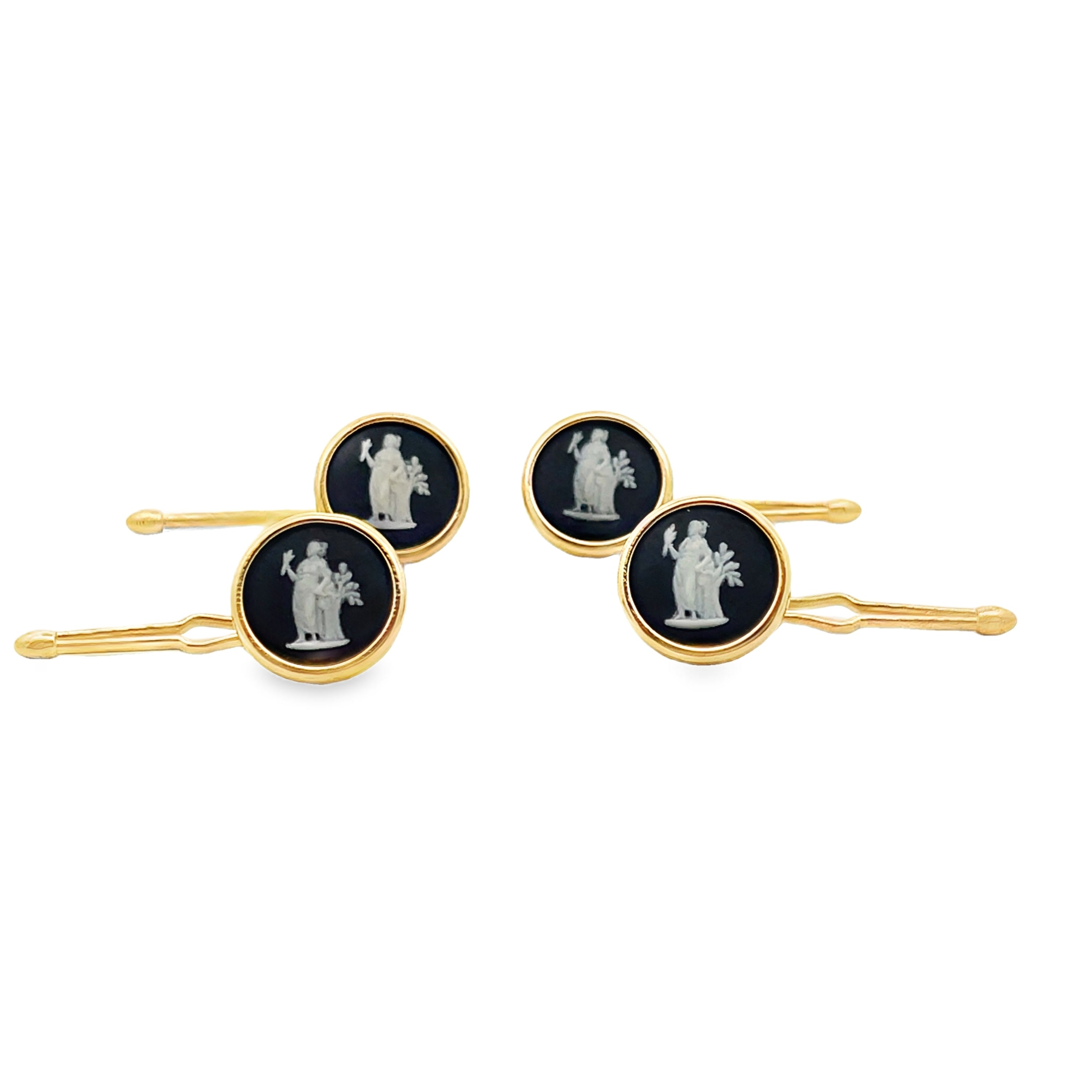 Demeter Goddess of Prosperity Vintage Wedgwood Tuxedo Stud Buttons in New 14k Yellow Gold Custom Settings, Black Basalt and White