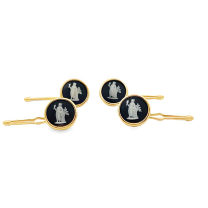 Demeter Goddess of Prosperity Vintage Wedgwood Tuxedo Stud Buttons in New 14k Yellow Gold Custom Settings, Black Basalt and White