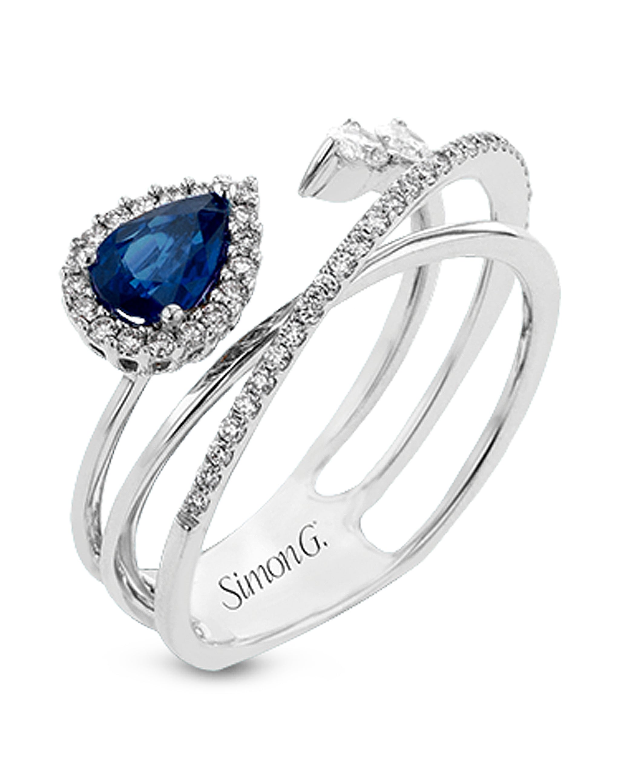 Simon G. Multi Row Diamond Halo 18K White Gold Ring with Pear Shaped Sapphire