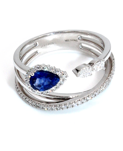Simon G. Multi Row Diamond Halo 18K White Gold Ring with Pear Shaped Sapphire